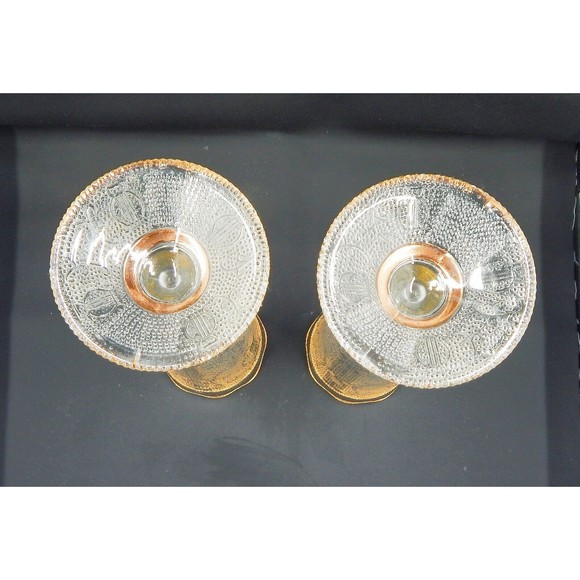 Jeannette Glass Harp Pattern Gold Trimmed Footed Vase Pair - Picture 6 of 11